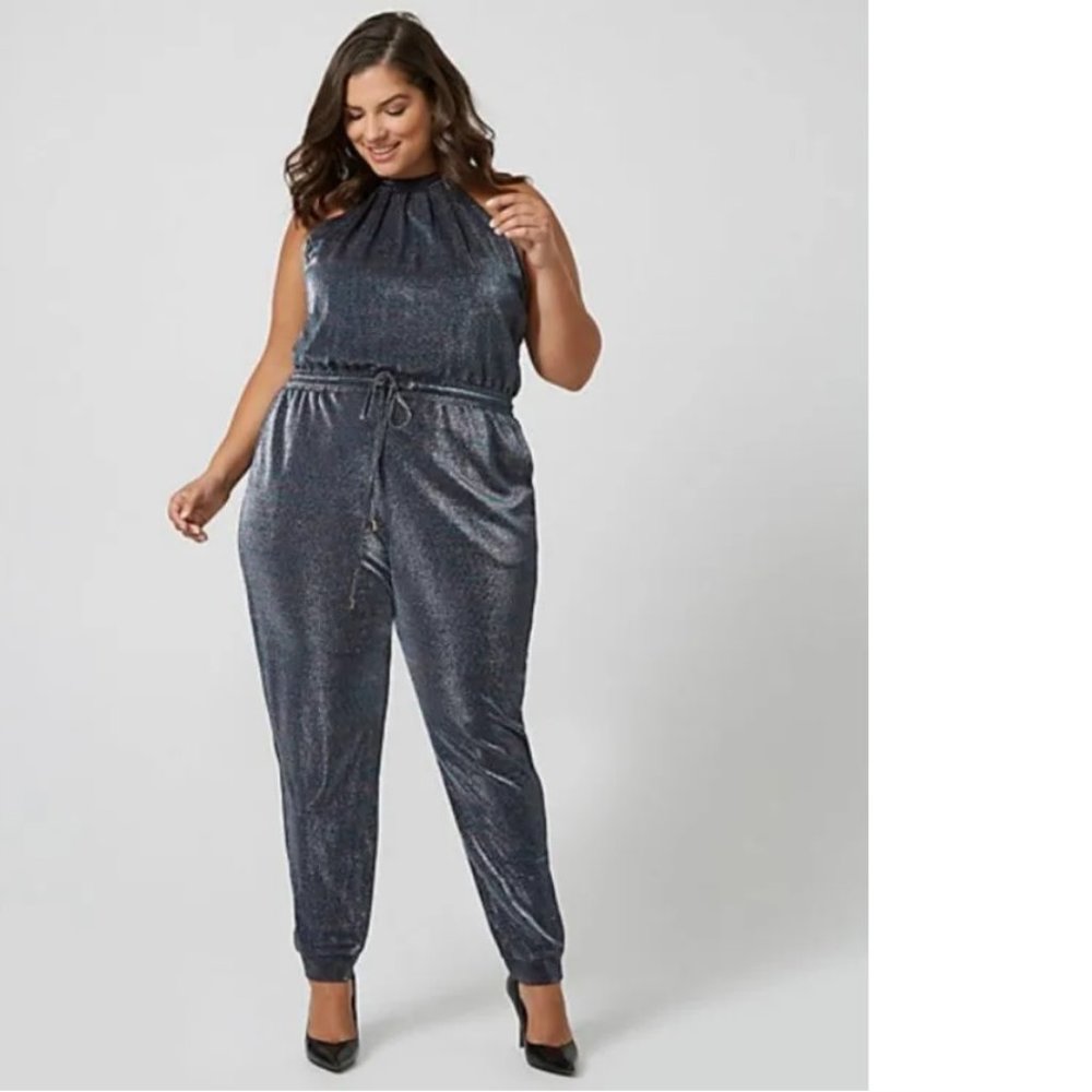 NWT 3X Roxy Earle Le Château Metallic Knit Halter Neck Jumpsuit Romper Plus size